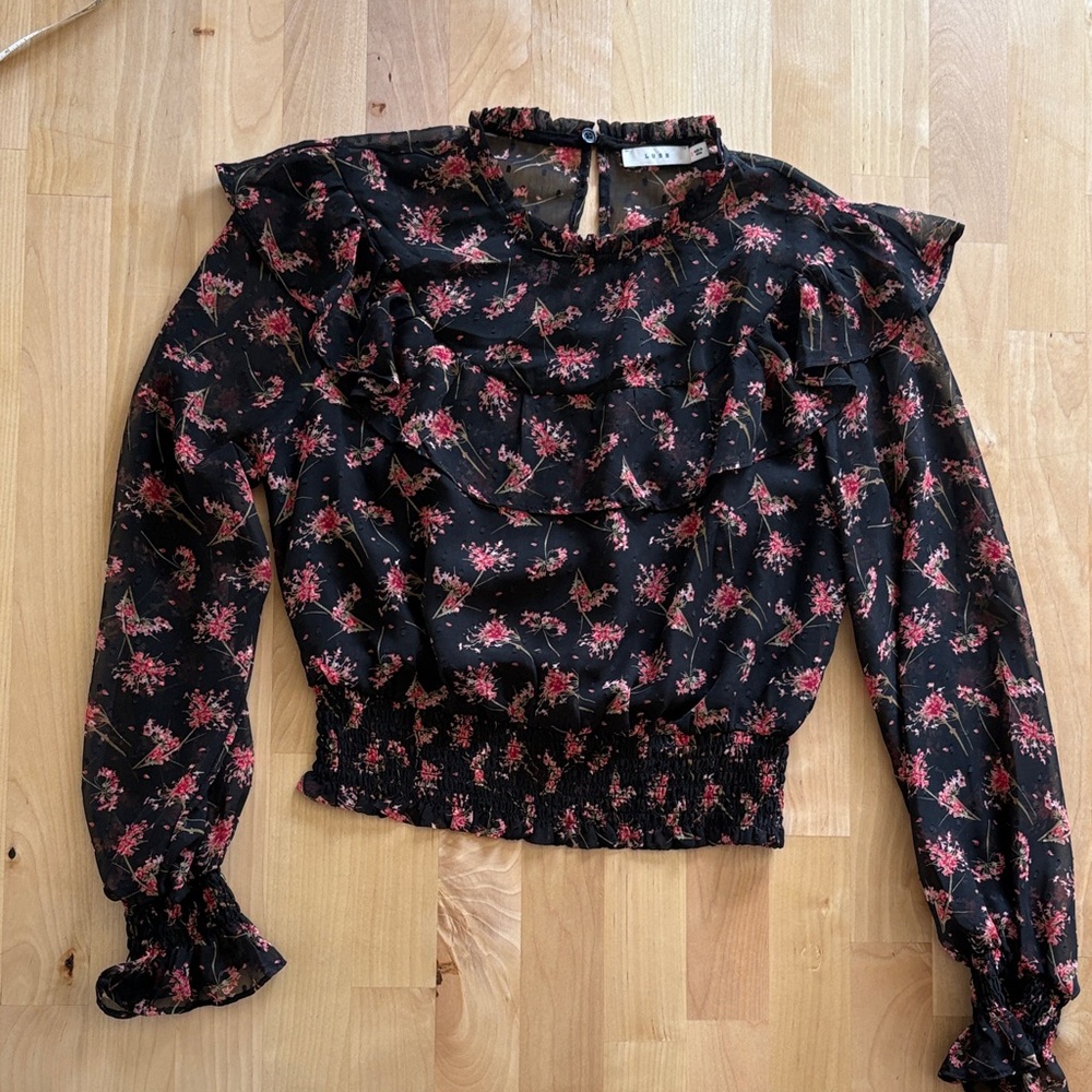 Lush Black Top with Pink Floral Ruffles